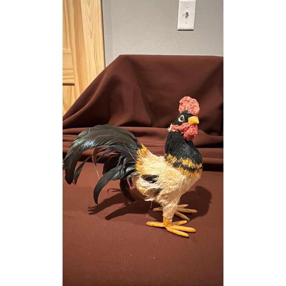 Faux Rooster Figure With Real feathers